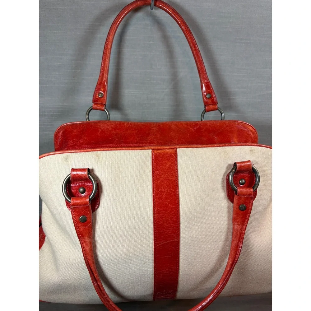 77. Vintage Nordstrom East‎ West Canvas Burnt Orange Leather Satchel Tote Bag